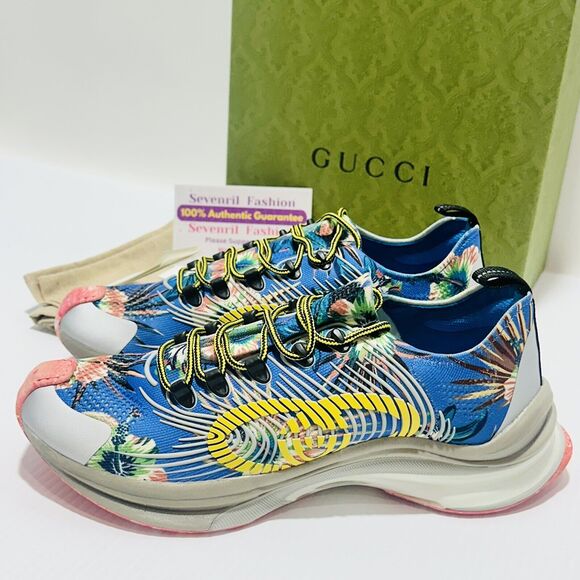 Gucci Run 12/ US 12.5 Knit Low Top Sneakers Blue Floral Print Shoes NIB $920 main image 10